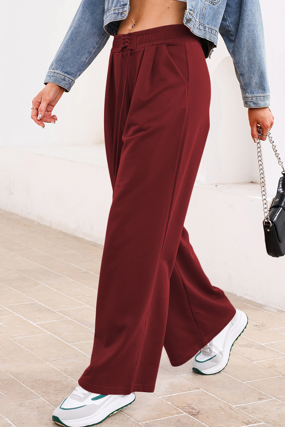 Burgundy Tied Elastic High Waist Pleated Detail Solid Sweatpants - loveforevers