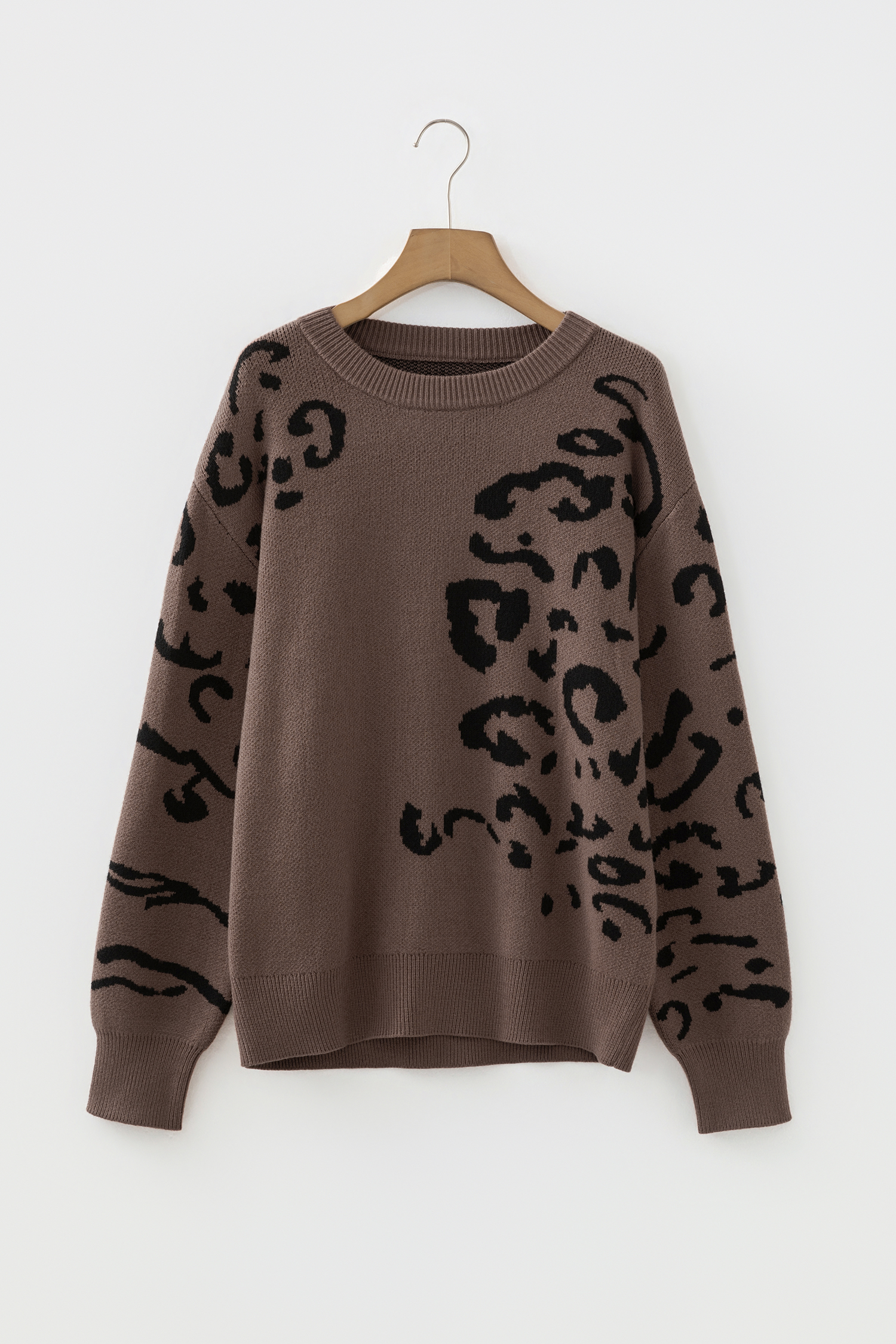 Camel Asymmetric Leopard Print Detail Drop Shoulder Sweater - loveforevers