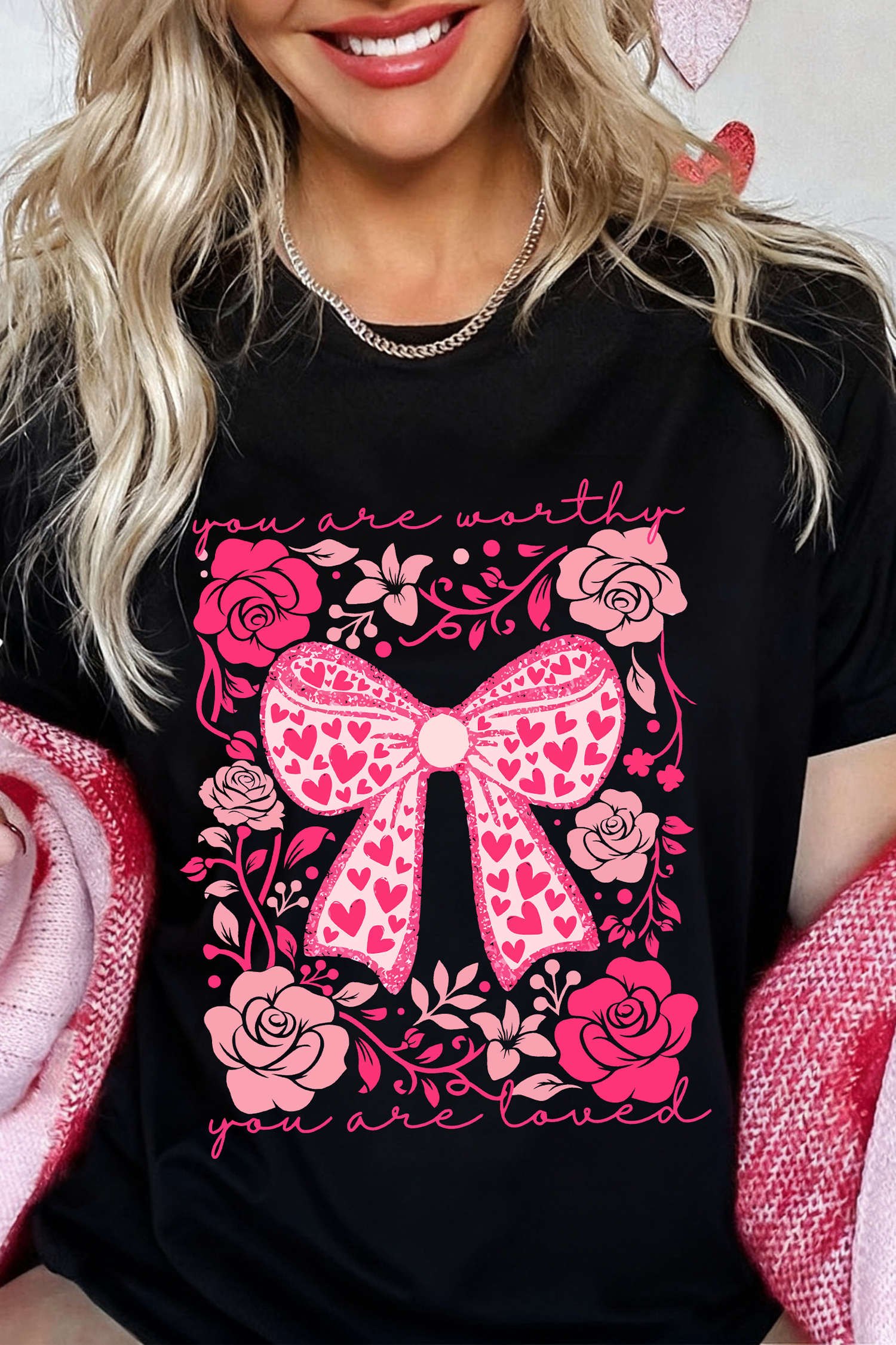 Black Valentines Day Slogan Floral and Bow Printed T Shirt - loveforevers