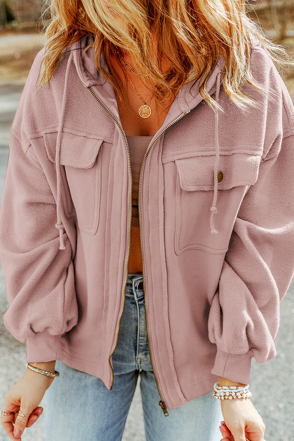 Pink Flap Pocket Drawstring Hood Zip Up Jacket - loveforevers