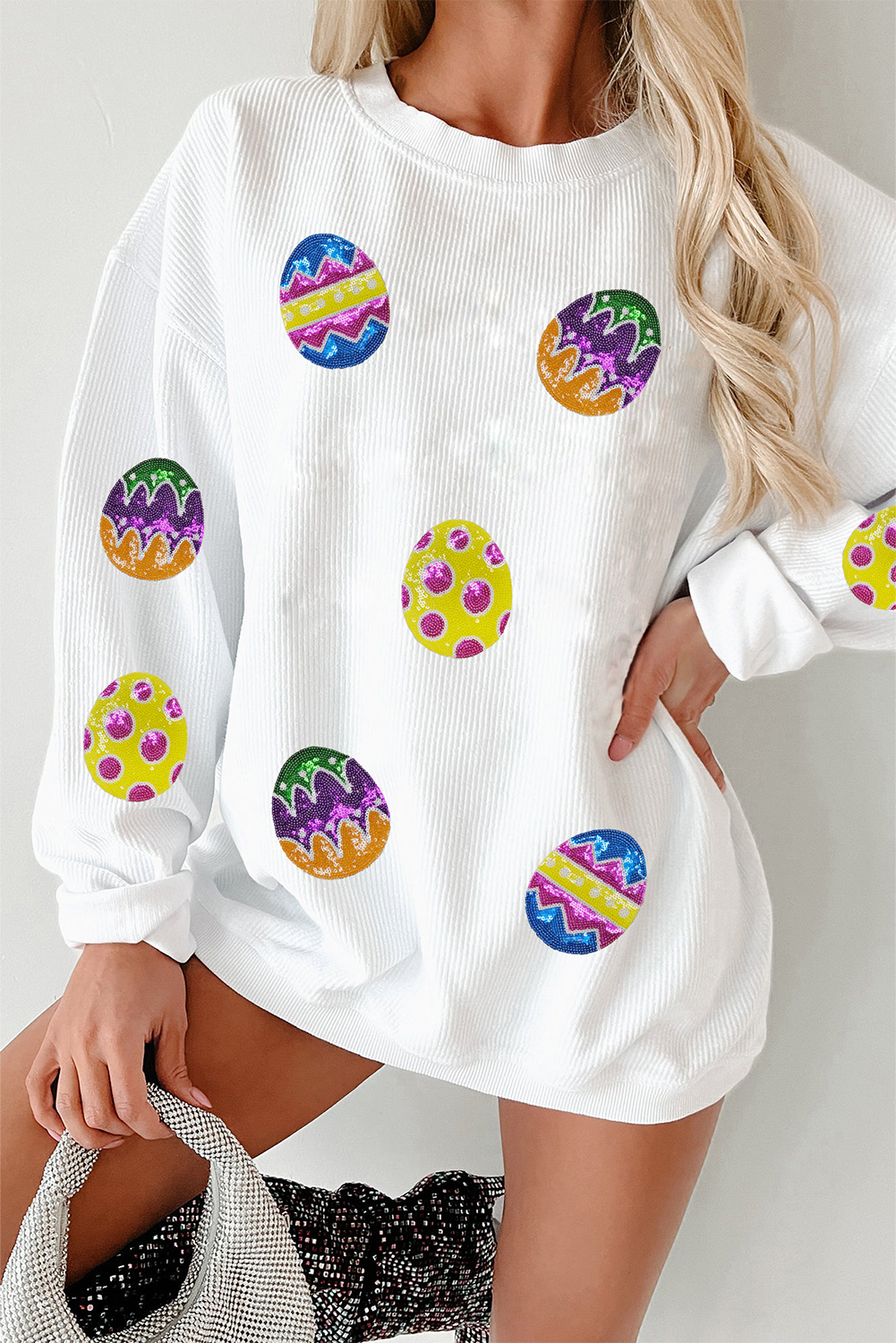 White Easter Egg Corded Oversized Sweatshirt - loveforevers
