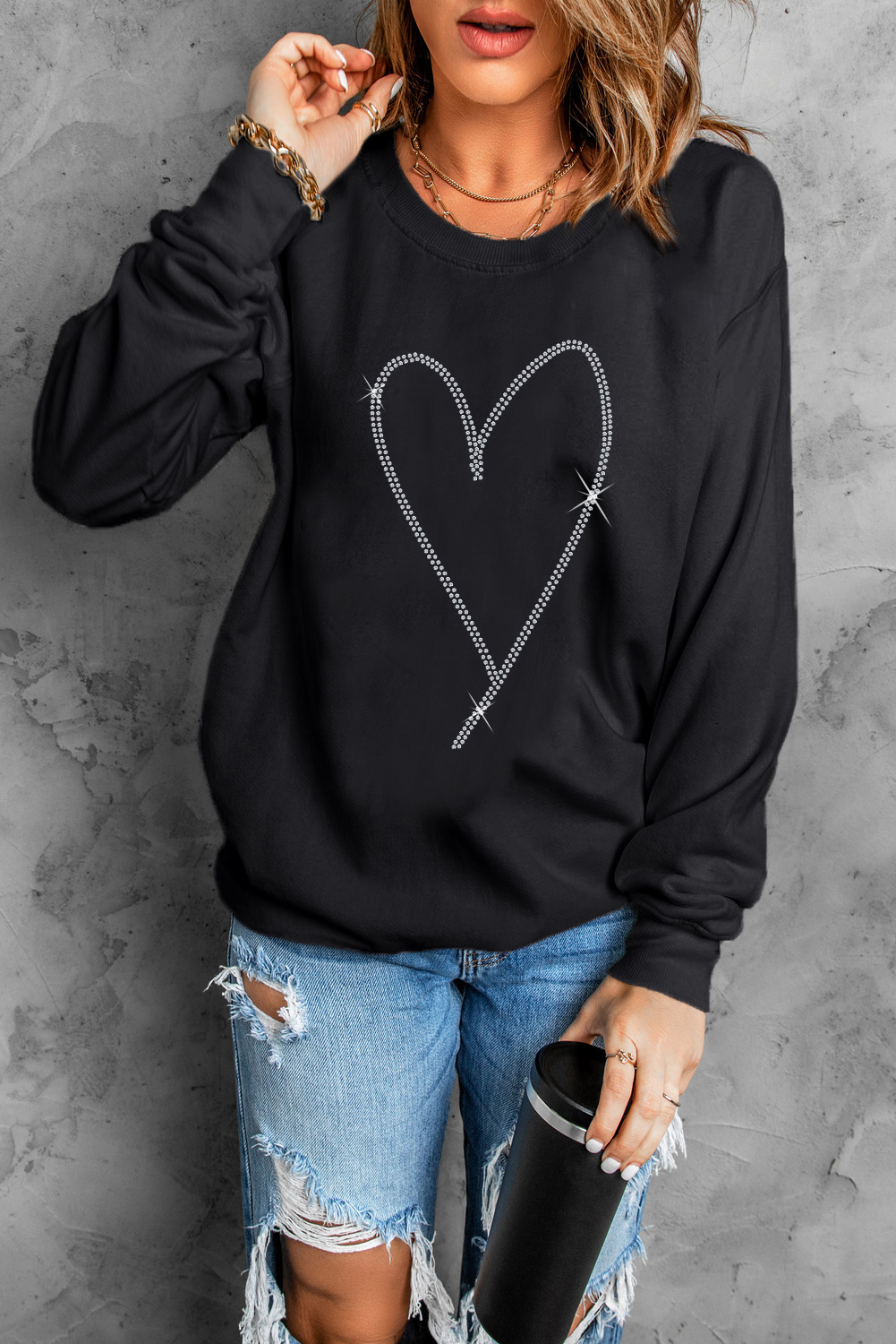 Black Rhinestone Heart Pattern Valentines Fashion Sweatshirt - loveforevers