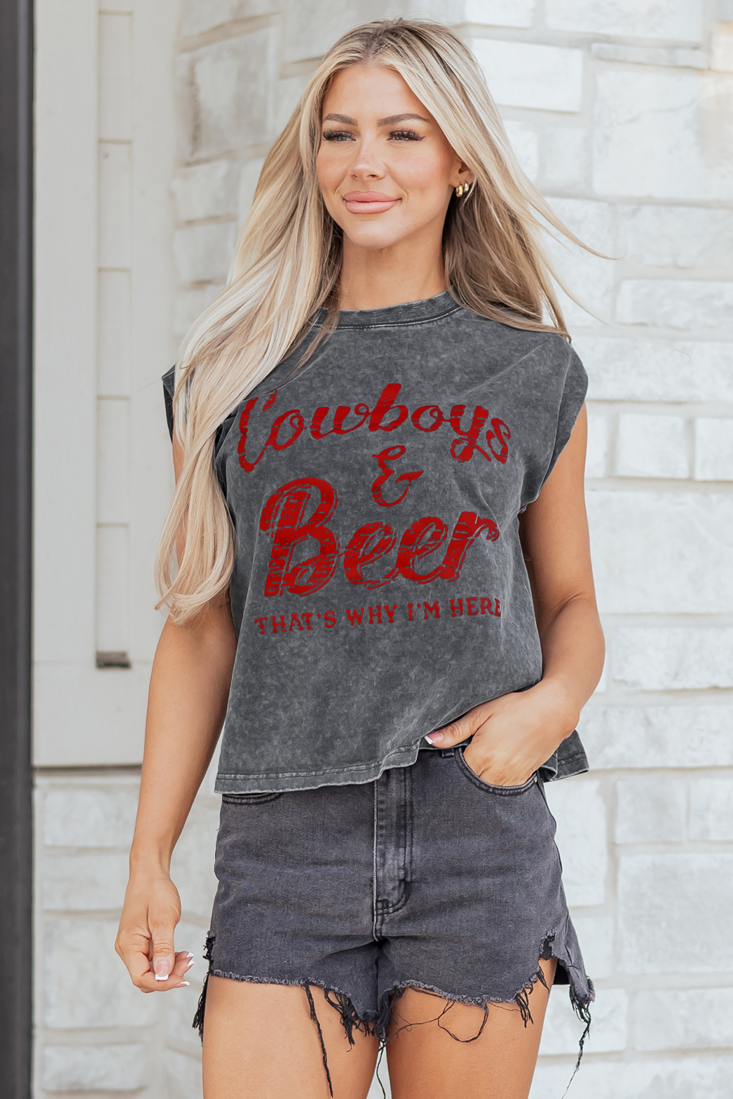Smoke Gray Cowboy & Beer Western Graphic Mineral Wash Tank Top - loveforevers