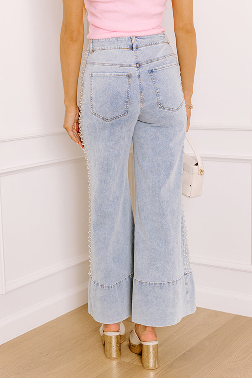 Beau Blue Mid Rise Pearl Embellished Split Wide Leg Jeans - loveforevers