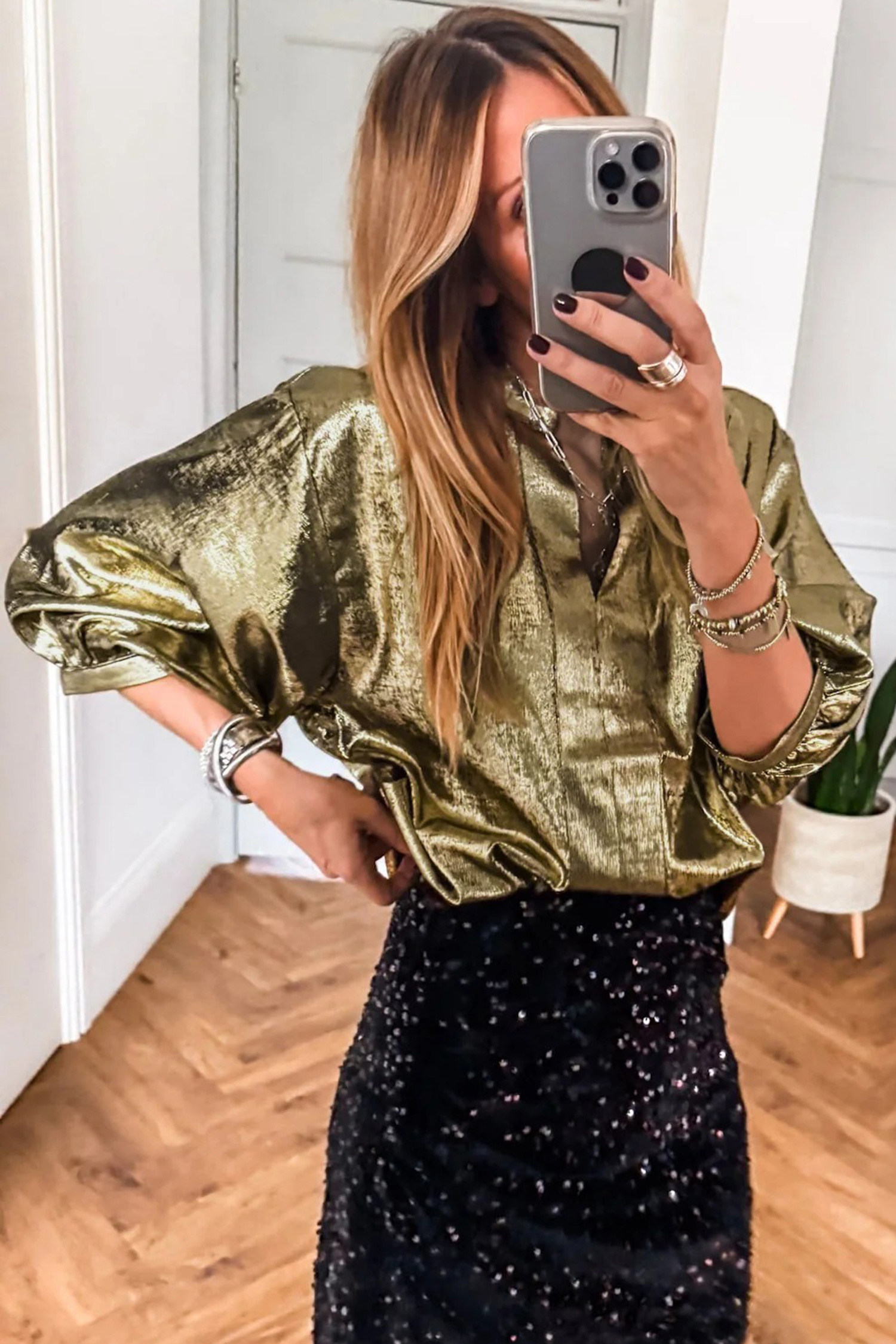 Apricot Metallic Round Neck Smocked Long Sleeve Blouse - loveforevers