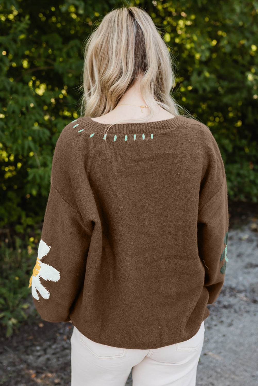 Coffee Big Flower Pattern V Neck Drop Shoulder Sweater - loveforevers