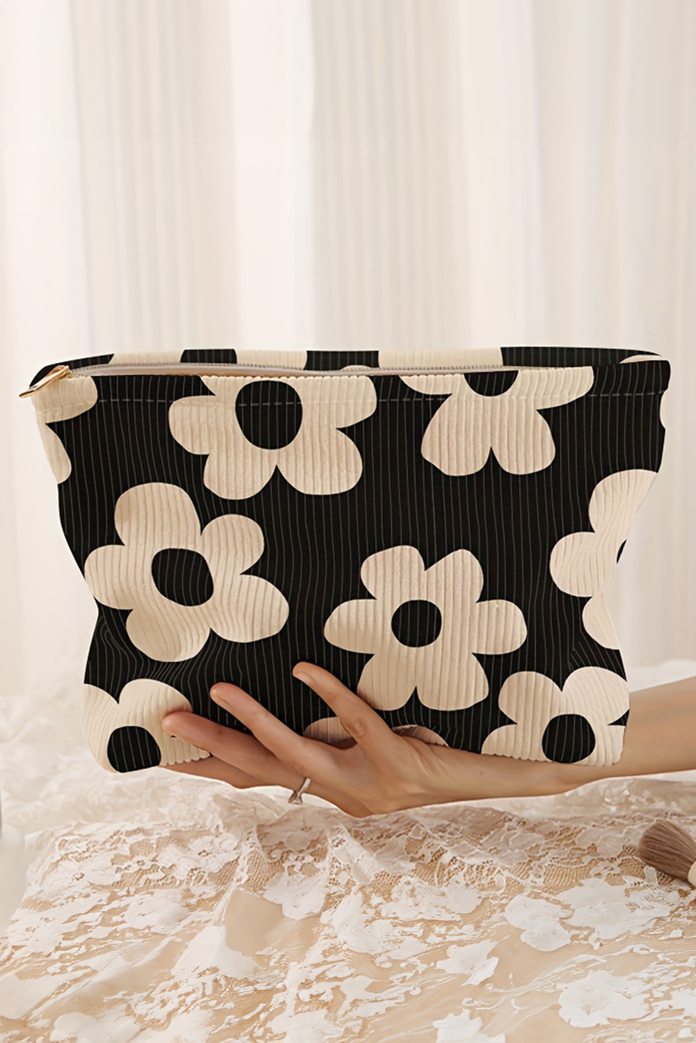 Red Flower Printed Rib Textured Cosmetic Bag - loveforevers