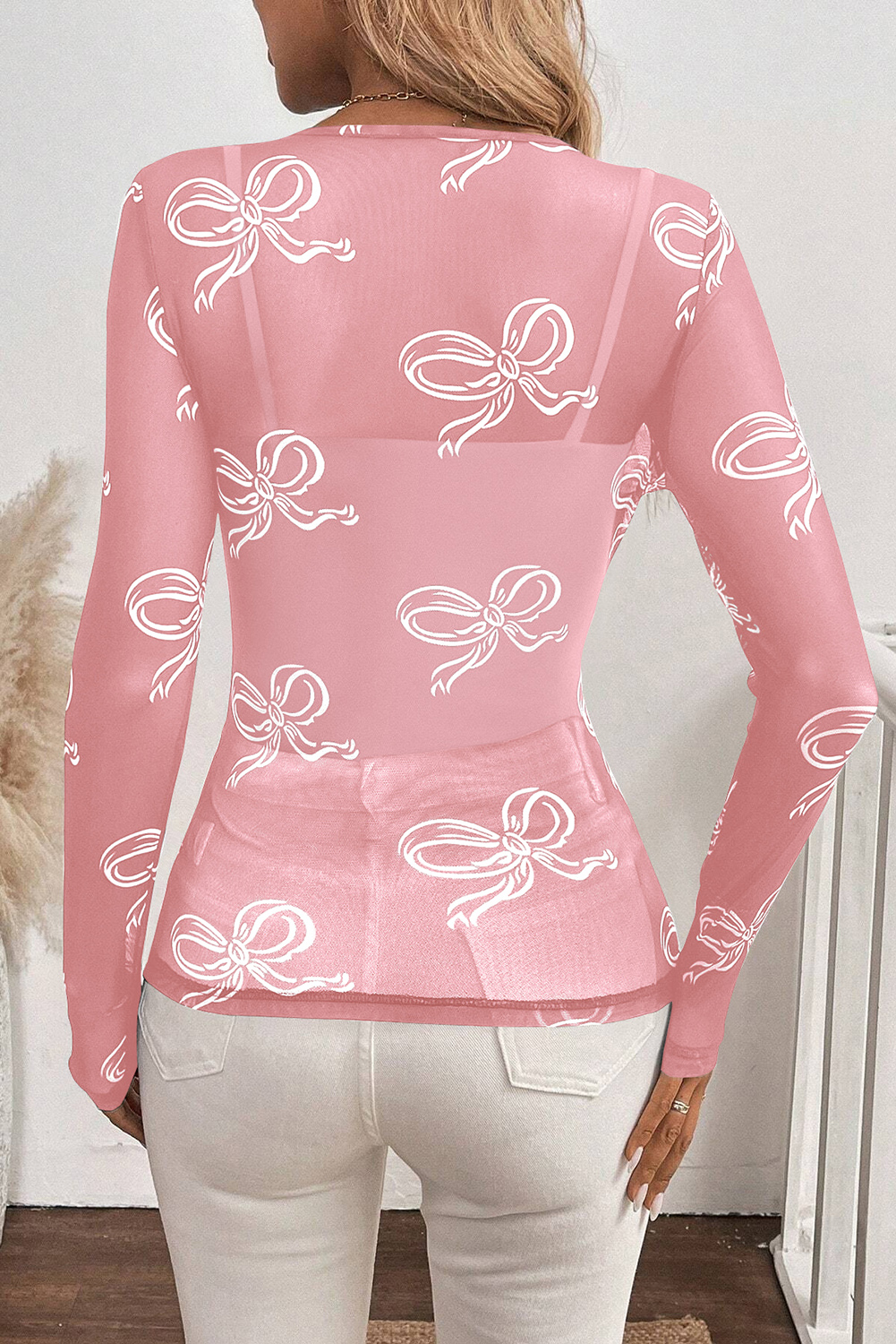 Pink Round Neck Bow Print Long Sleeve Mesh Top - loveforevers