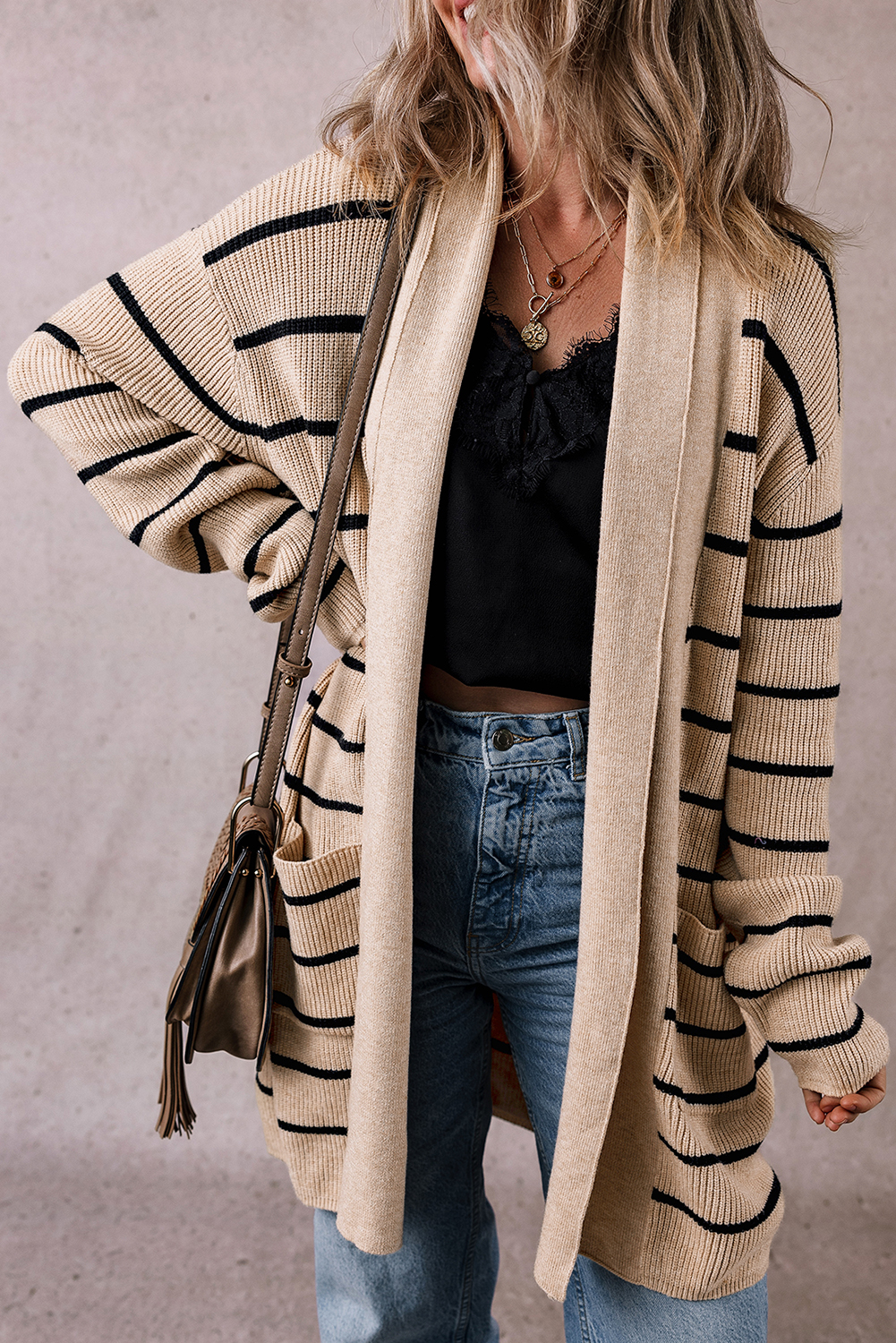 Black Stripe Shawl Neckline Open Cardigan with Pockets - loveforevers