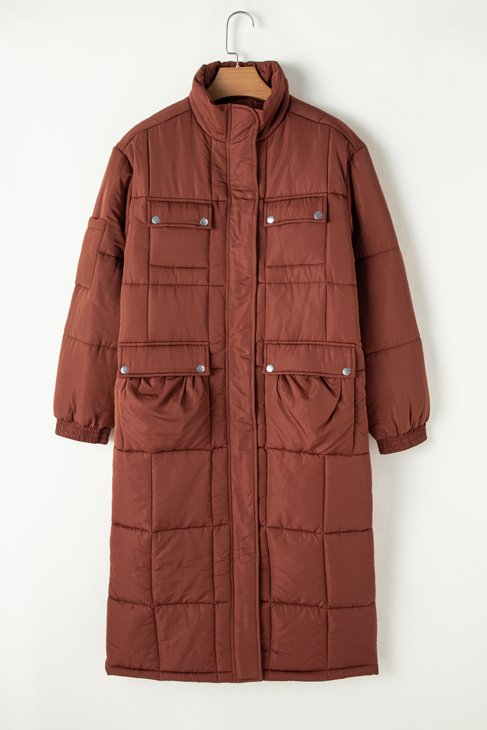Coffee Quilted Puffer Stand Neck Zipped Mid-length Coat - loveforevers