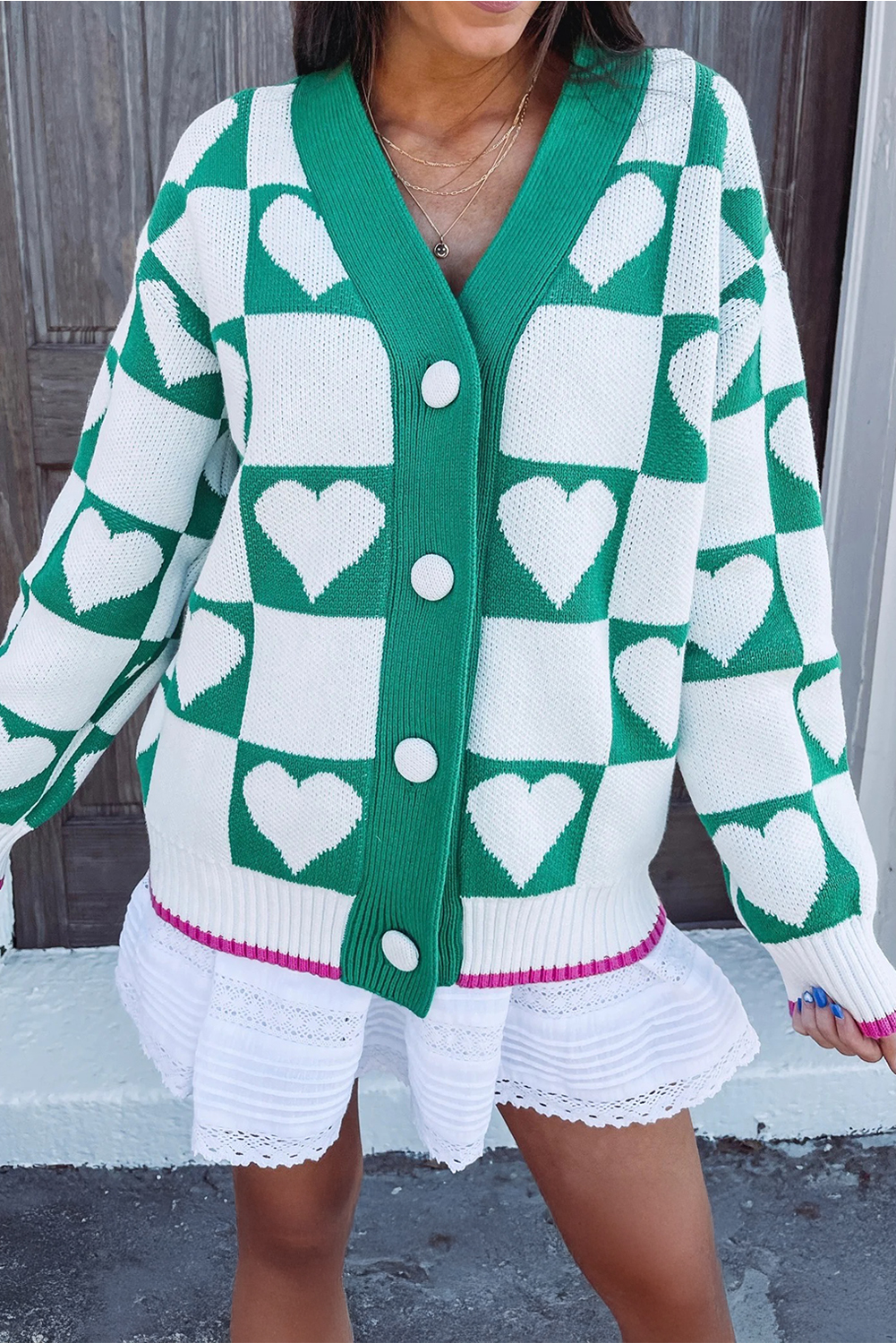 Sea Green Plaid Heart Knit V Neck Button Down Sweater Cardigan - loveforevers