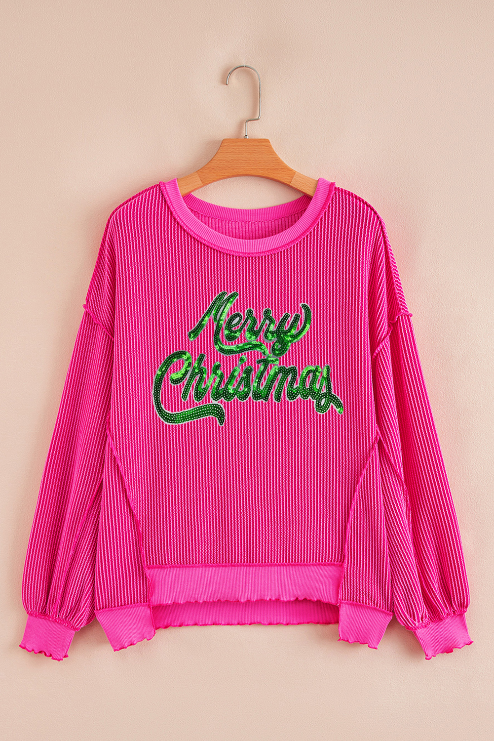 Strawberry Pink Twisted Ribbed Texture Merry Christmas Sequin Letter Graphic Top - loveforevers