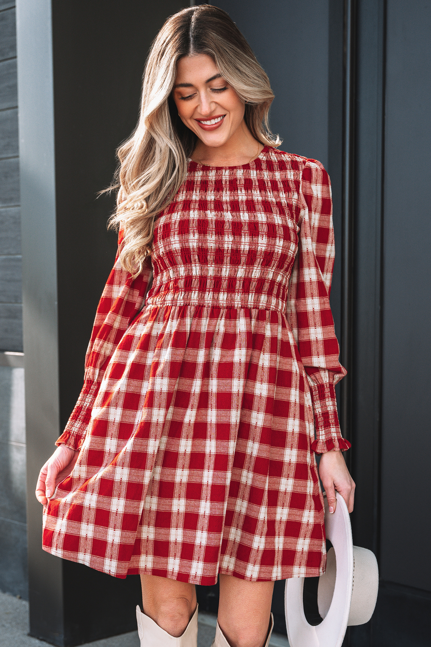 Red Plaid Print Smocked Puff Sleeve Mini Dress - loveforevers