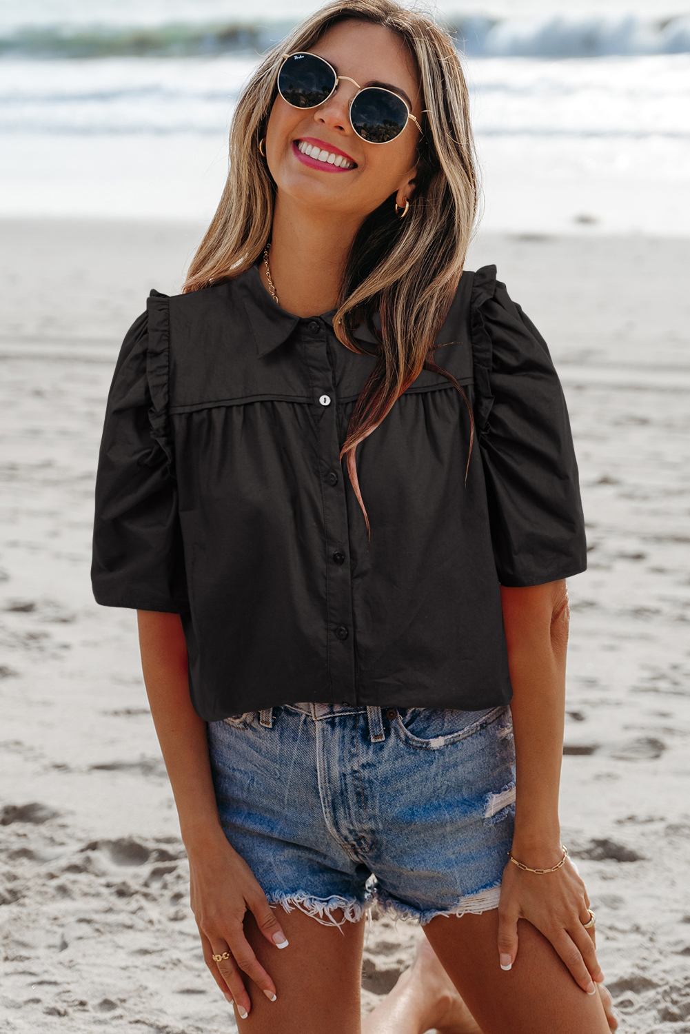 Black Frilly Puff Sleeve Stylish Collared Shirt - loveforevers