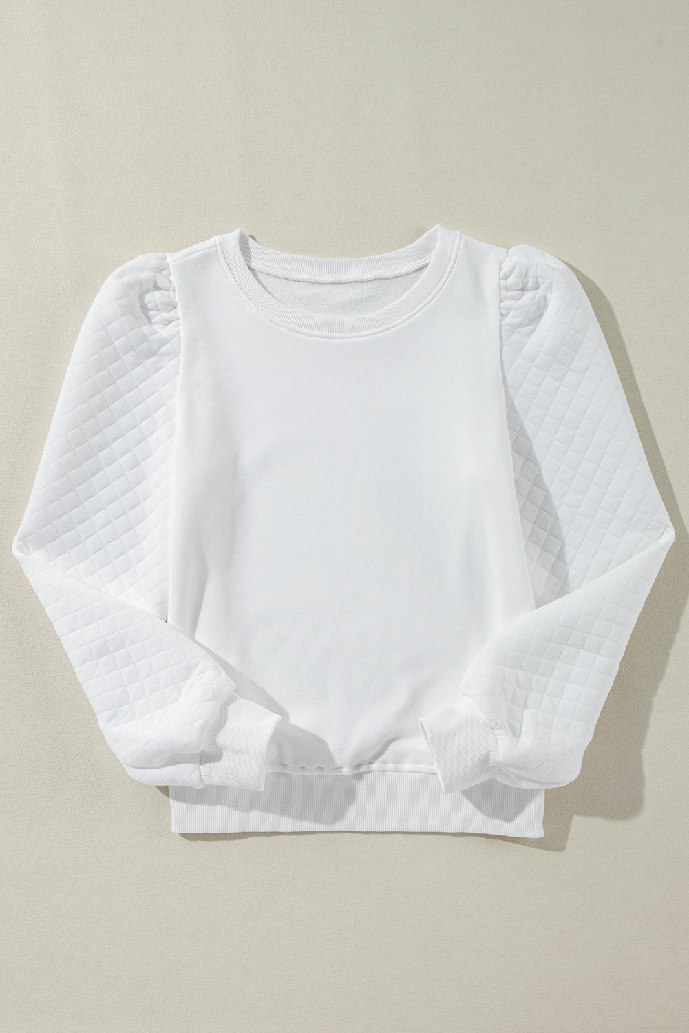 White Solid Puff Sleeve Round Neck Pullover Sweatshirt - loveforevers