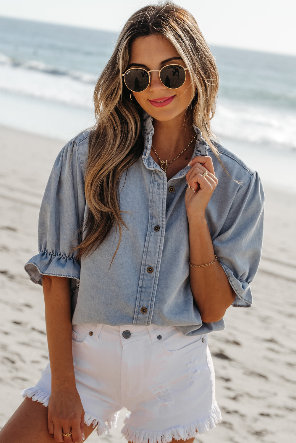 Beau Blue Ruffle Short Puff Sleeve Summer Chambray Shirt - loveforevers