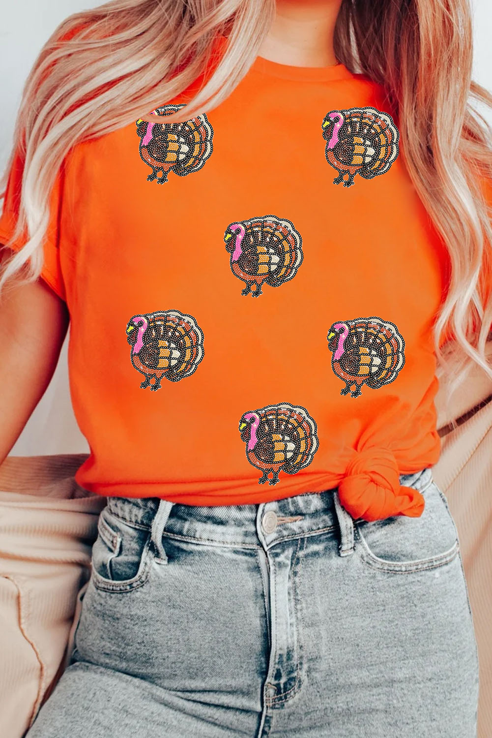 Orange Thanksgiving Turkey Sequin Graphic Womens Casual T Shirt - loveforevers