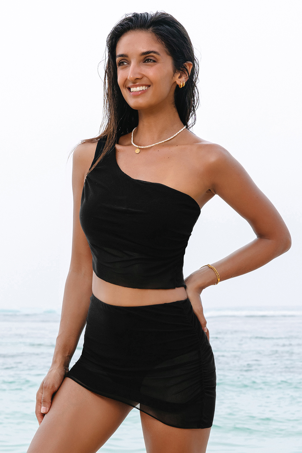 Black Pleated Mesh One Shoulder Bikini Top and Skirts Set - loveforevers