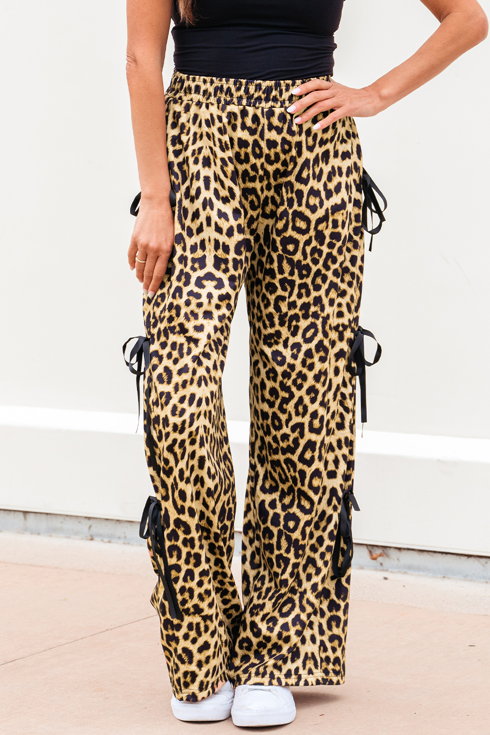 Brown Leopard Print Bow Tie Elastic Waistband Loose High Waist Pants - loveforevers