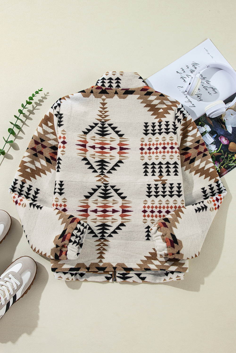 Beige Aztec Printed Stand Neck Zip Up Jacket - loveforevers