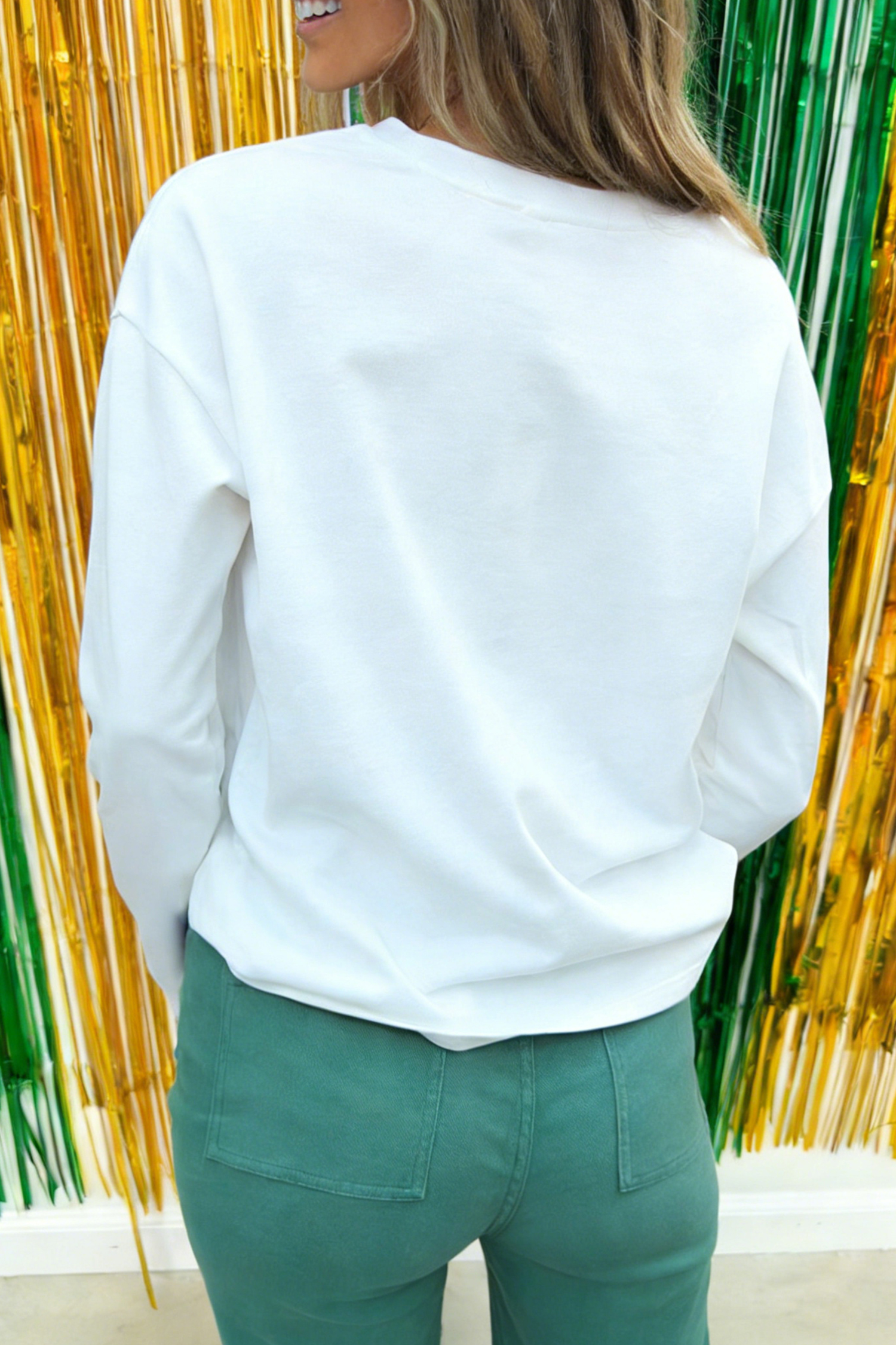 White LUCKY Clover Embroidered Long Sleeve Top - loveforevers