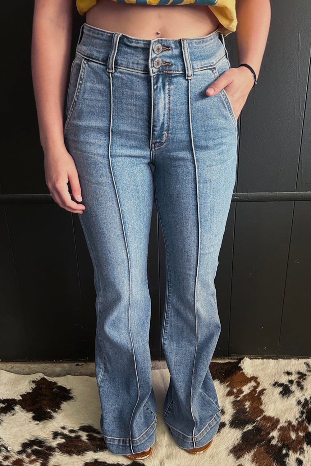 Dusk Blue 2 Button High Waist Piping Trim Bootcut Jeans - loveforevers