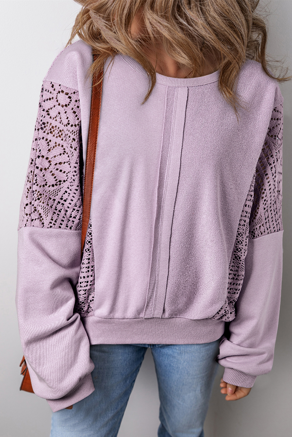 Parchment Knit Crochet Exposed Seam Ribbed Trim Sweatshirt - loveforevers