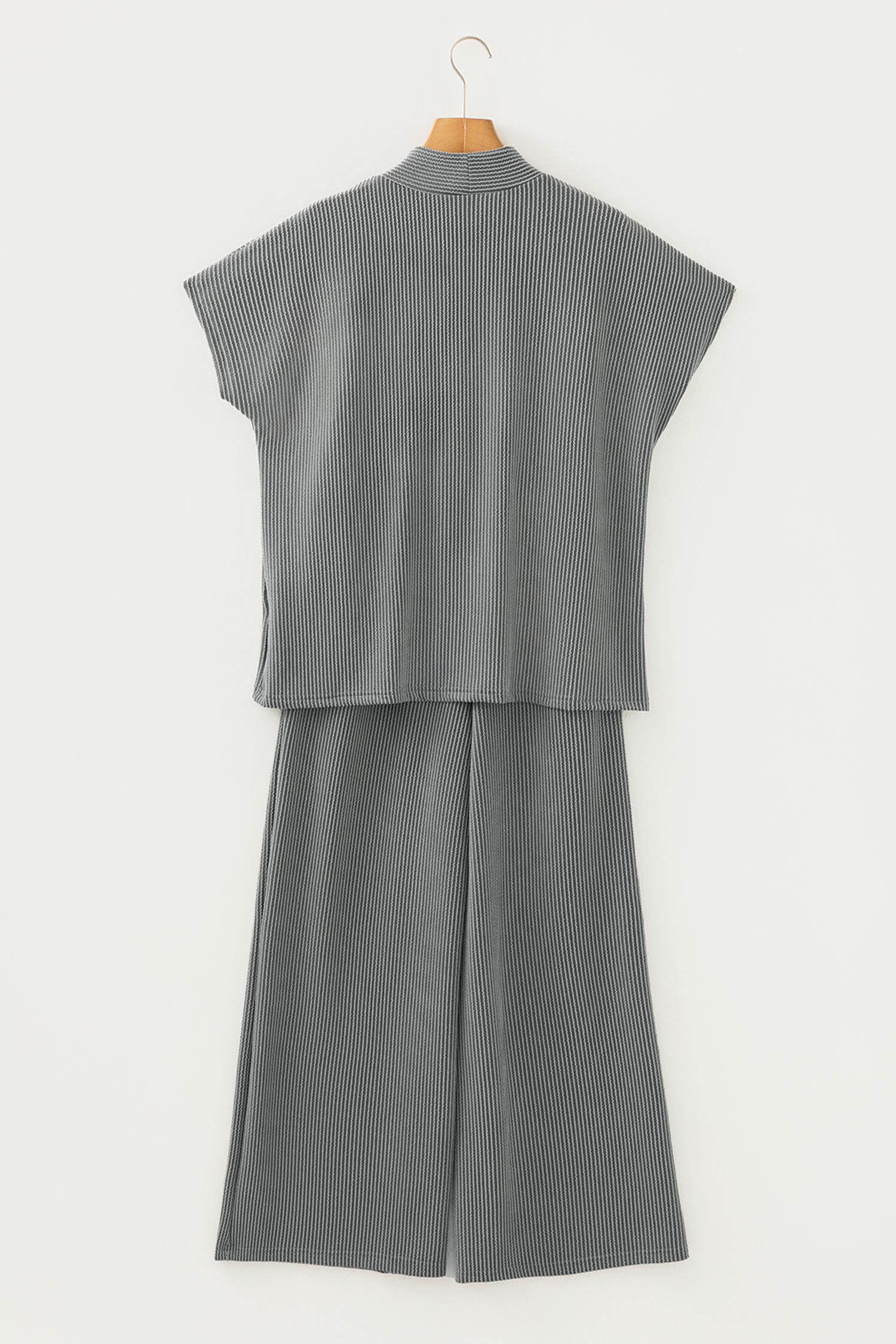 Dark Grey Twisted Ribbed High Neck Loose Tee Elastic High Waist Loose Pant Set - loveforevers