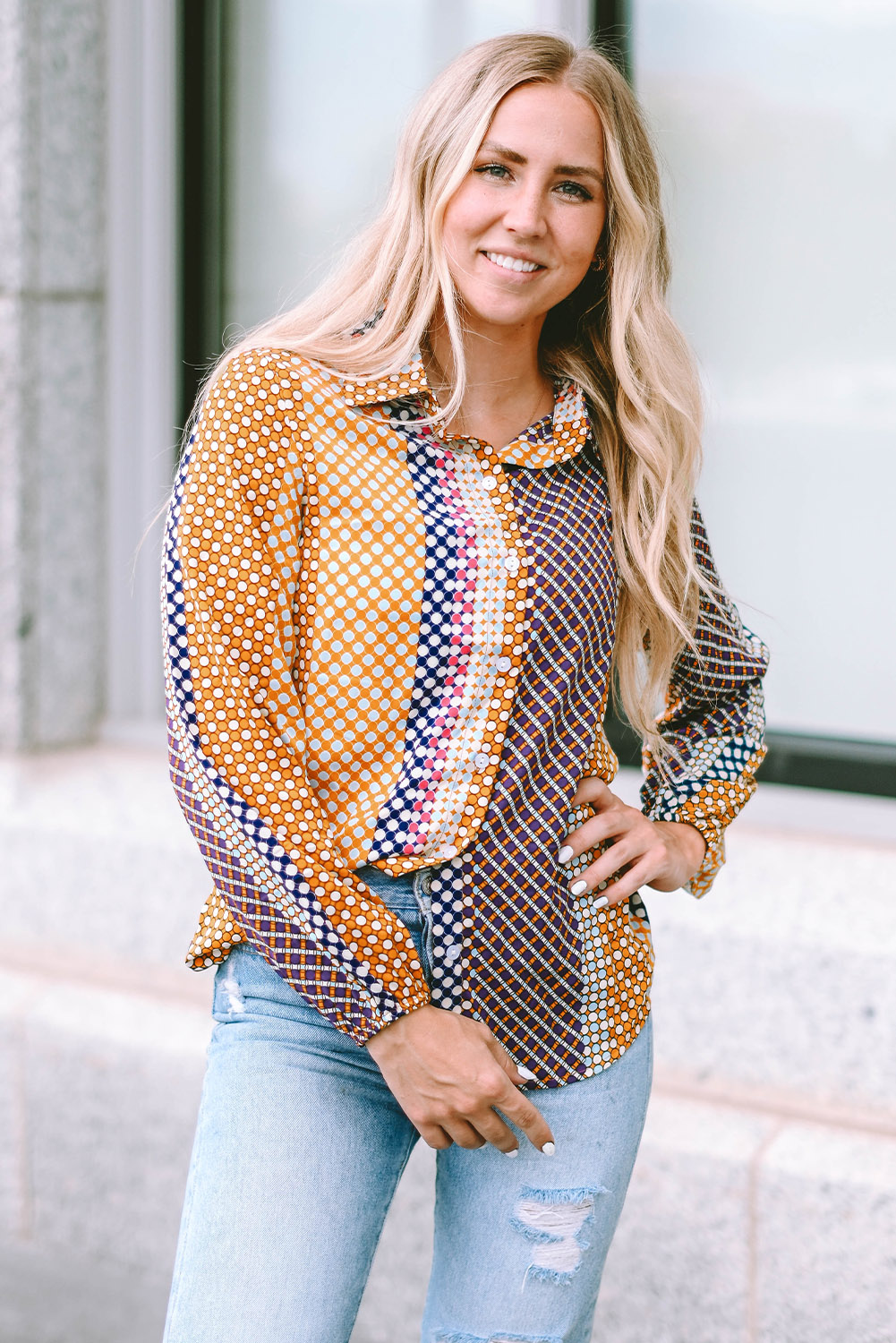 Brown Dot Print Long Sleeve Button Down Shift Shirt - loveforevers