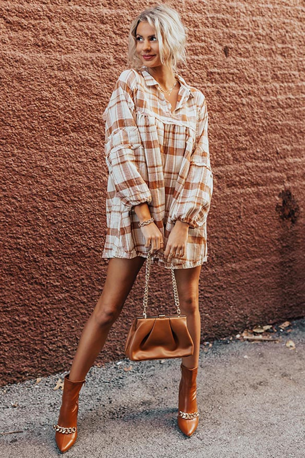 Brown Plaid Print Side Pockets Frilled Babydoll Mini Dress - loveforevers