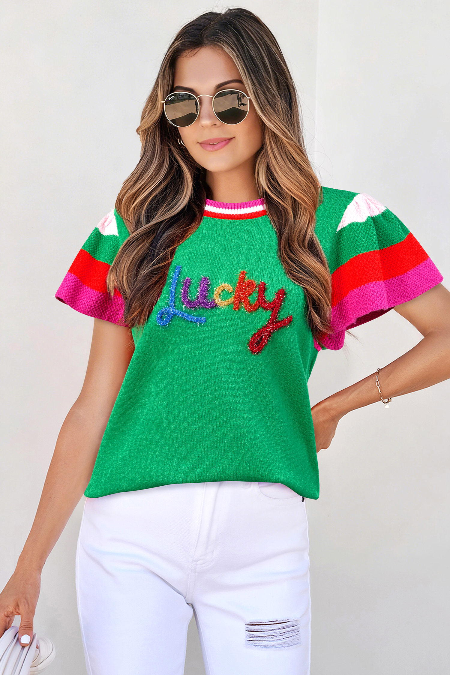 Bright Green Shiny Lucky Striped Flutter Sleeve Round Neck Sweater - loveforevers