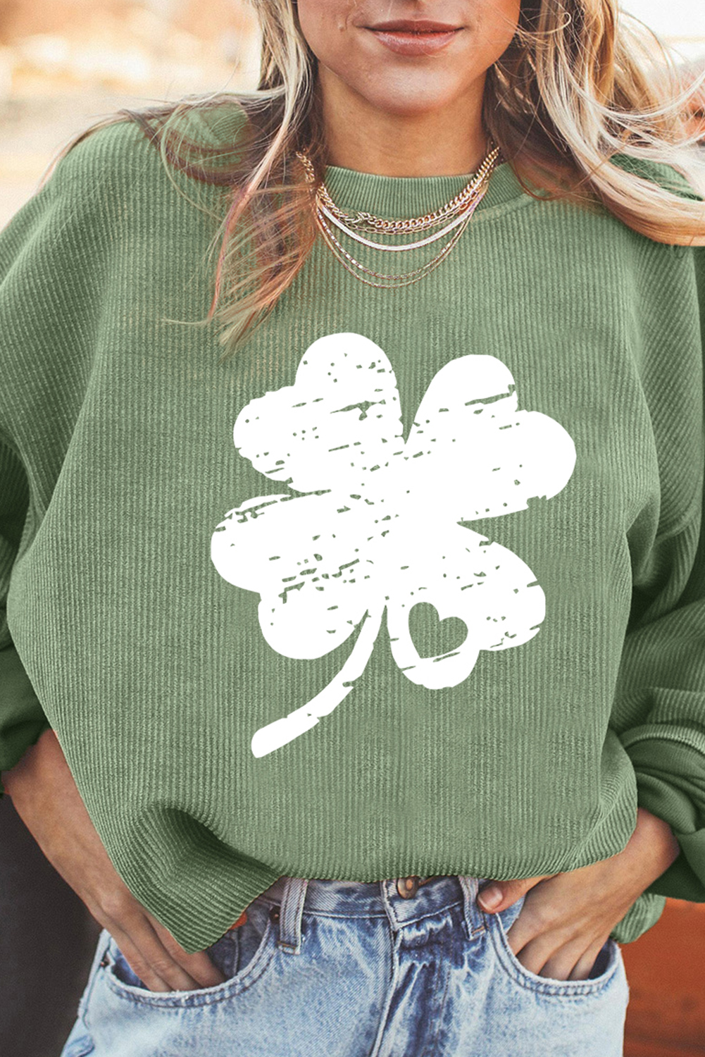 Grass Green Distressed Clover Print St Patricks Corded Sweatshirt - loveforevers