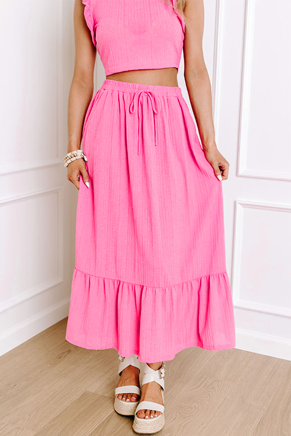 Bonbon Textured Ruffle Trim Crop Vest Lace-up Long Skirt Set - loveforevers