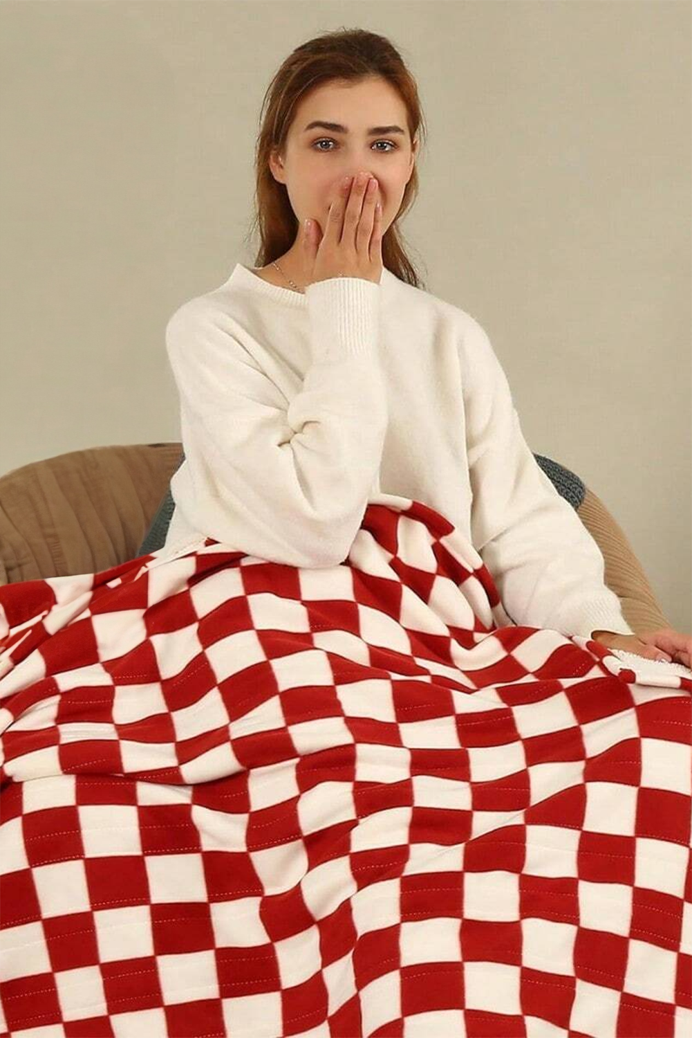 Fiery Red Plush Checkered Print Sofa Blanket 127*152cm - loveforevers