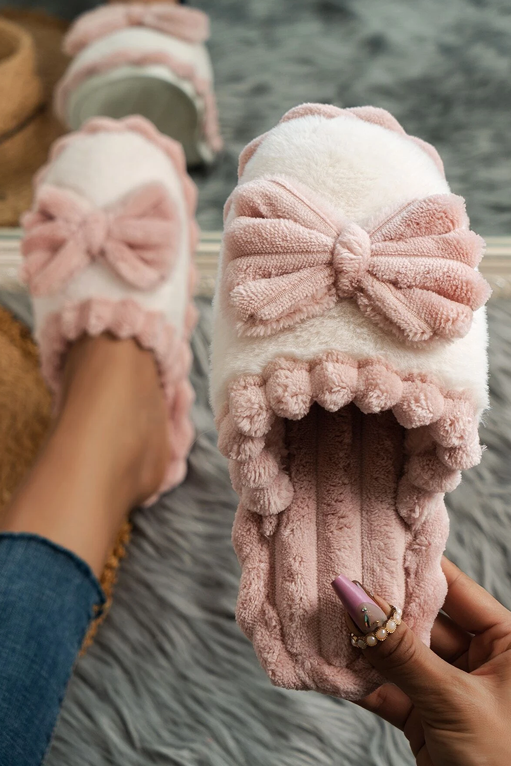 Fushia Bow Decor Color Block Ribbed Plush Slippers - loveforevers