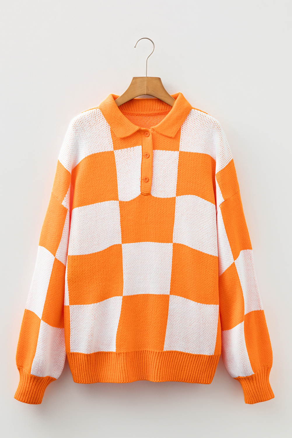 Mist Green Checkered Pattern Polo Collar Loose Sweater - loveforevers
