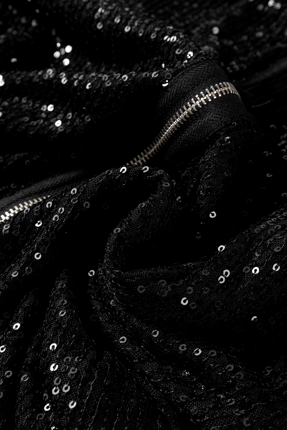 Black Sequin Zip up Round Neck Long Sleeve Jacket - loveforevers