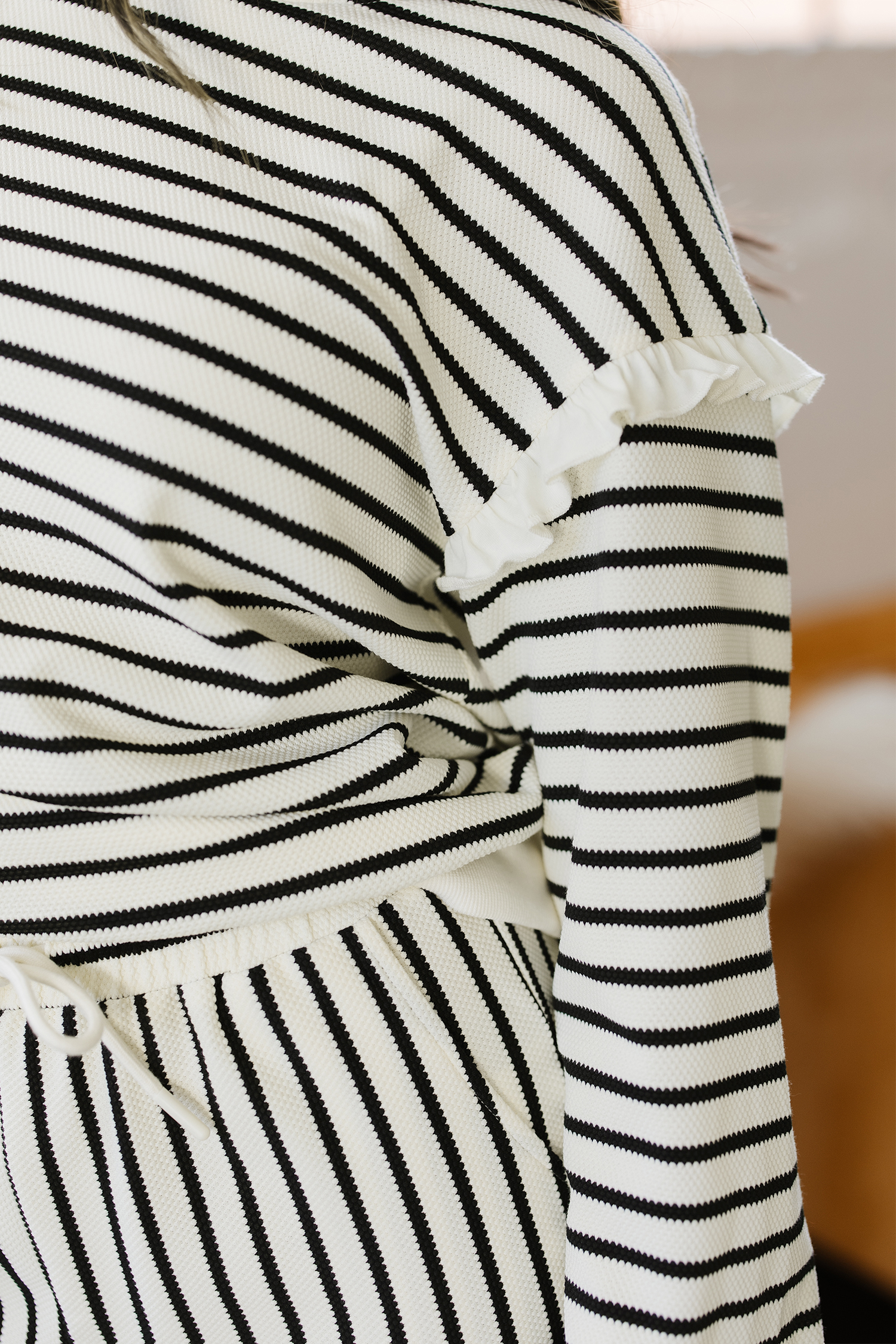 White Stripe Ruffle Trim Drop Shoulder Top Drawstring Loose Pant Set - loveforevers
