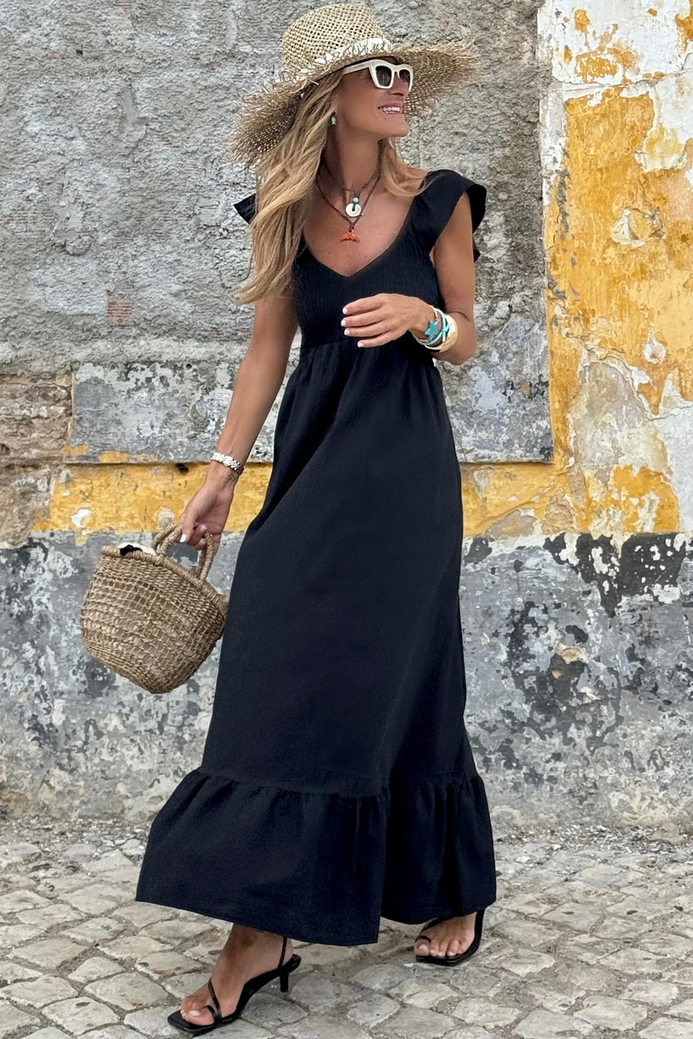 Black V Neck Flutter Sleeve Smocked Bodice High Waist Ruffle Maxi Dress - loveforevers