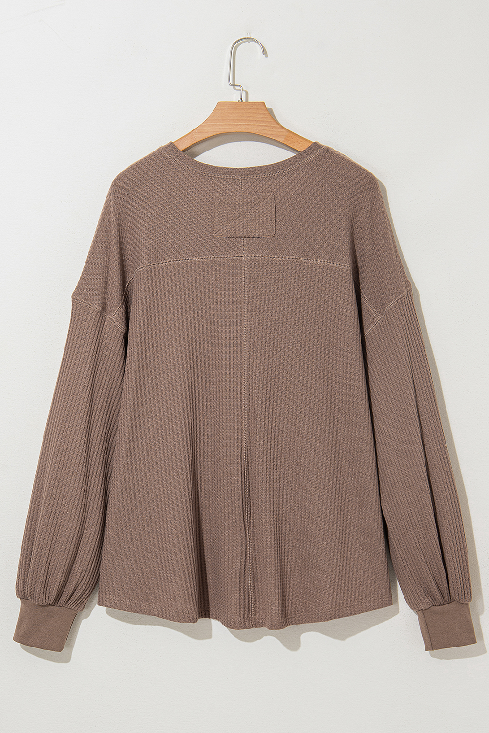Light Pink Waffle V Neck Long Sleeve Drop Shoulder Loose Blouse - loveforevers