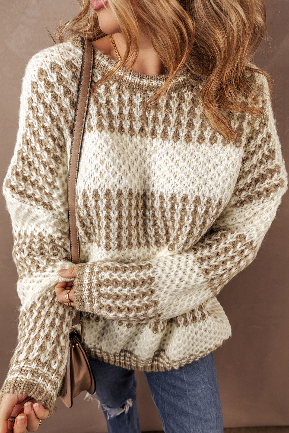 Brown Stripe Drop Shoulder Round Neck Loose Sweater - loveforevers
