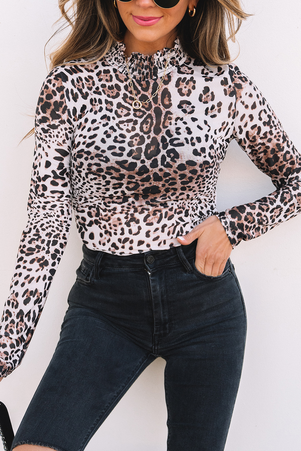 Brown Leopard Smocked Neck Mesh Long Sleeve Bodysuit - loveforevers