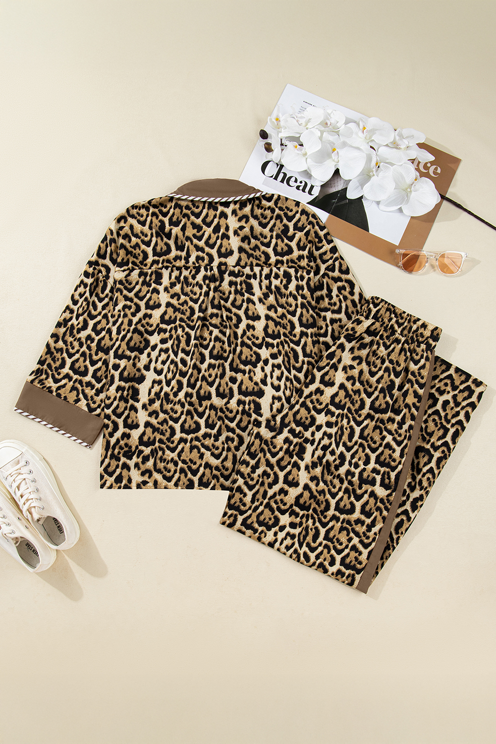 Brown Leopard Collared 3/4 Sleeve Shirt and Loose Pants Two Piece Outfit Set - loveforevers