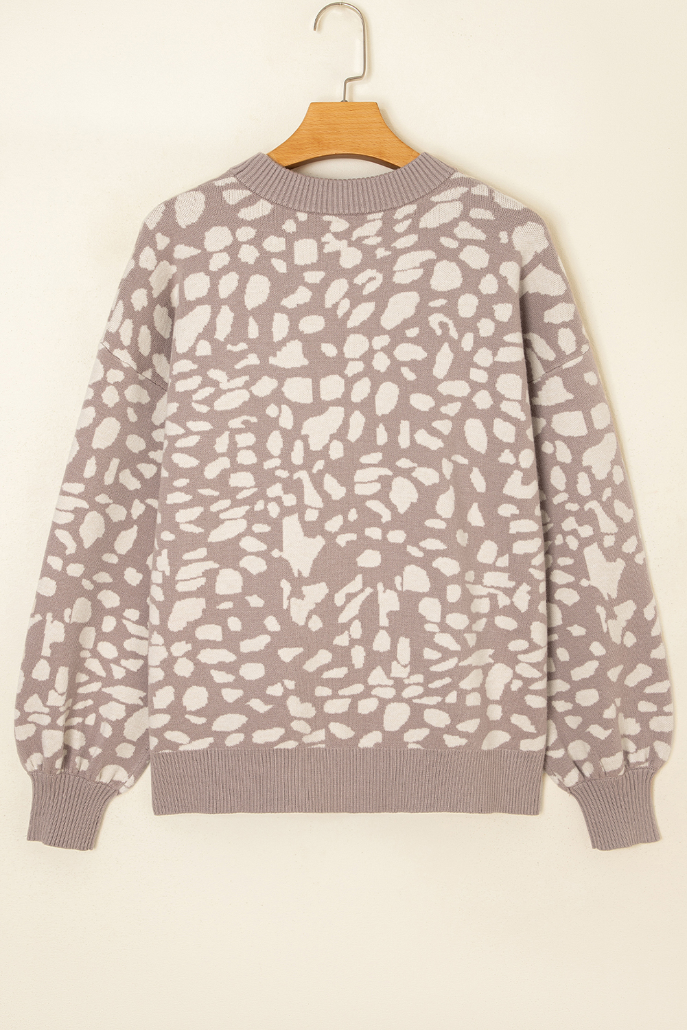 Gray Leopard Spots Pattern Ribbed Trim Drop Shoulder Sweater - loveforevers