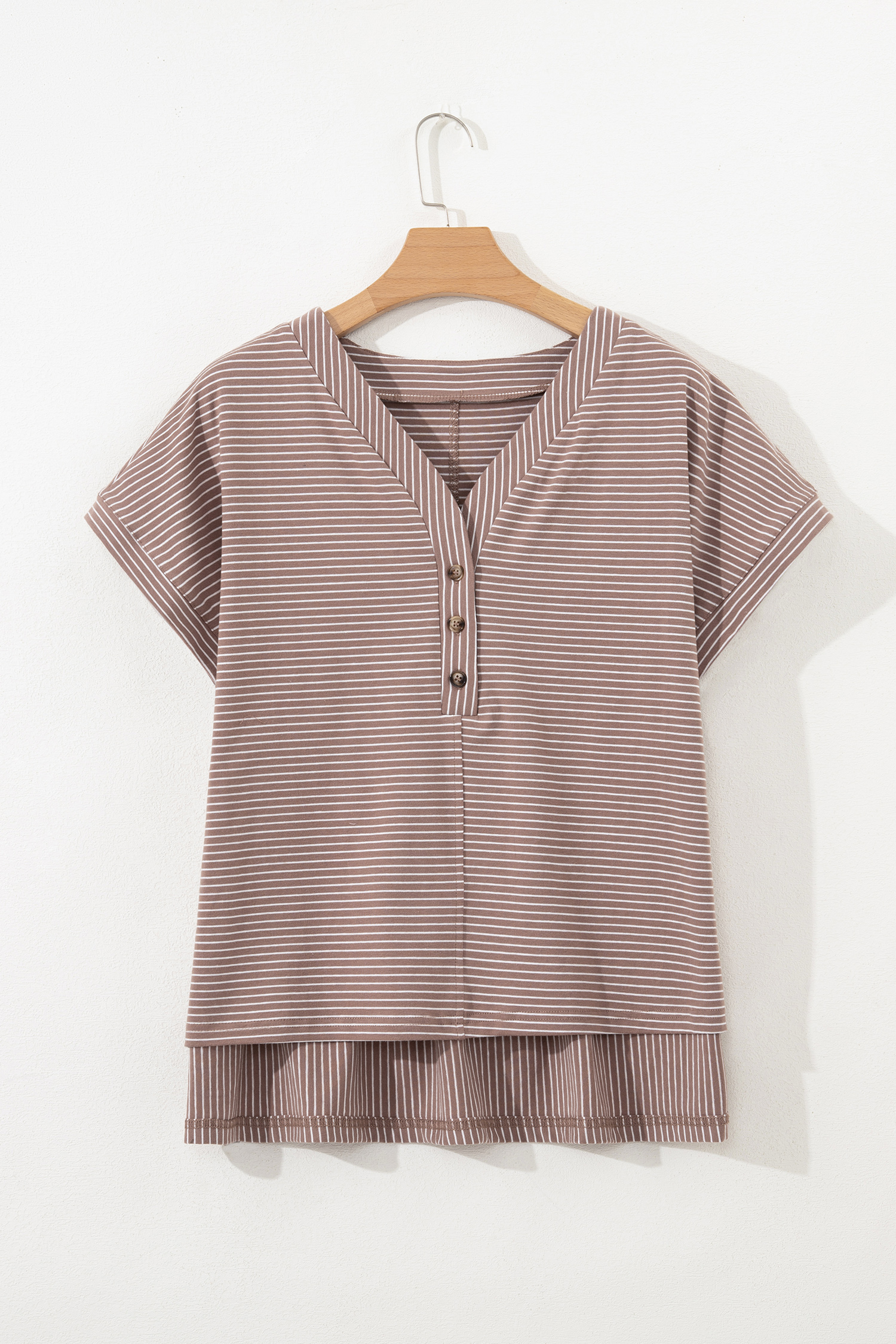 Khaki Stripe Buttoned V Neck High Low Side Slit T Shirt - loveforevers