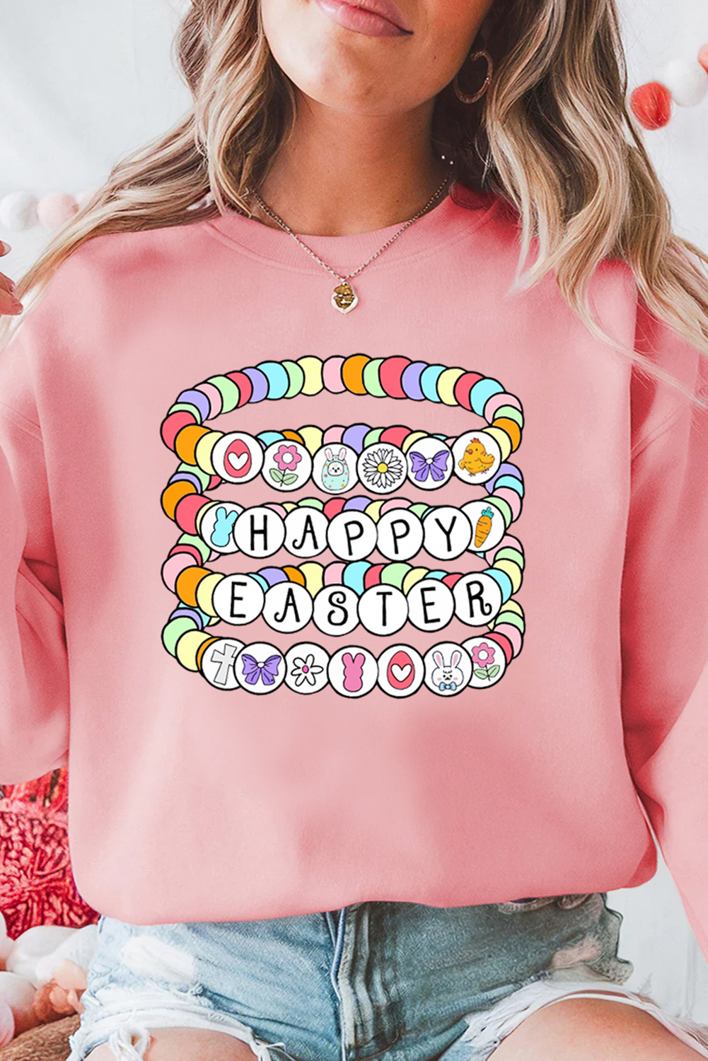Pink Happy Easter Bracelet Print Drop Shoulder Sweatshirt - loveforevers