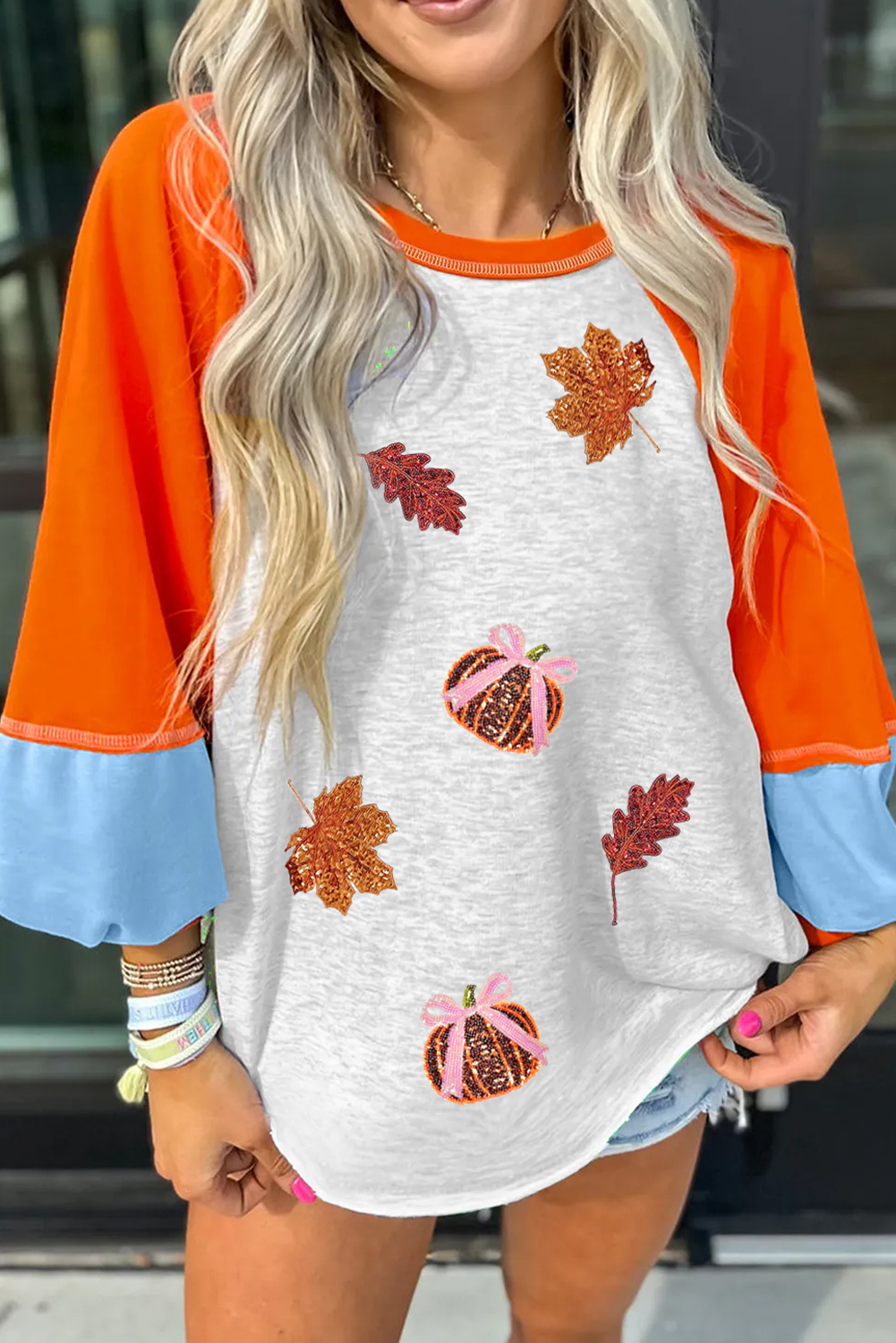 Light Grey Sequin Fall Elements Patched Color Block Patchwork Long Sleeve Loose Top - loveforevers