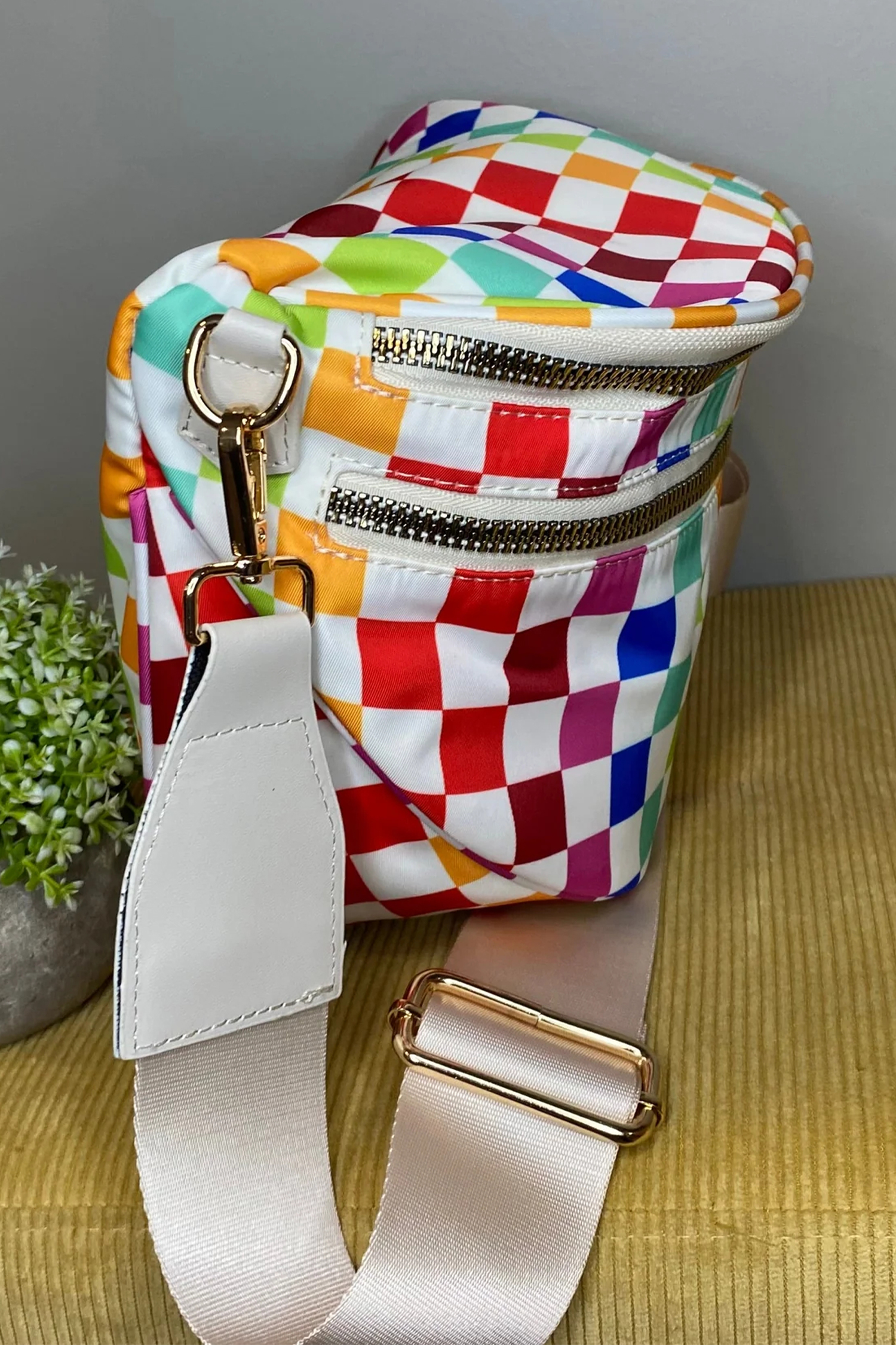 White Pretty Checkerboard Canvas Double Zip Crossbody Bag - loveforevers