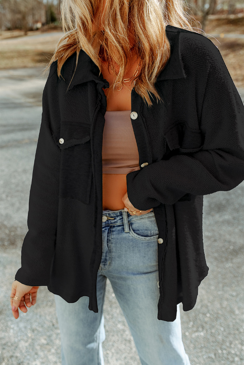 Black Contrast Flap Pockets Relaxed Shacket - loveforevers