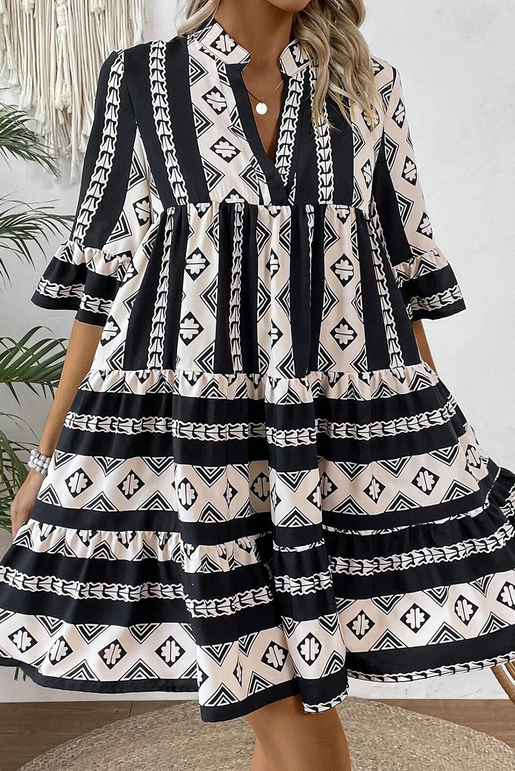 Black Geometric Print V Neck Ruffled Dress - loveforevers